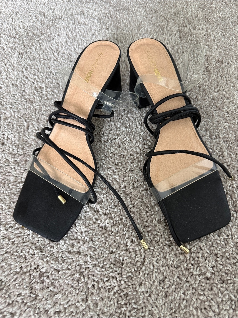 Fashion Nova Black Clear-Strap Lace-Up Block Heels